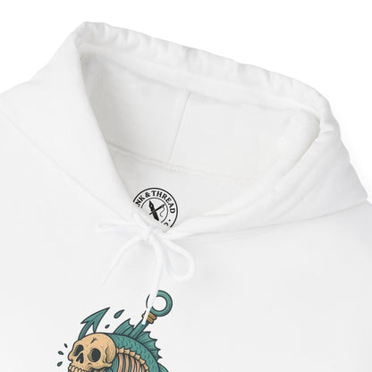 White hoodie with a graphic design and brand logo on a white background