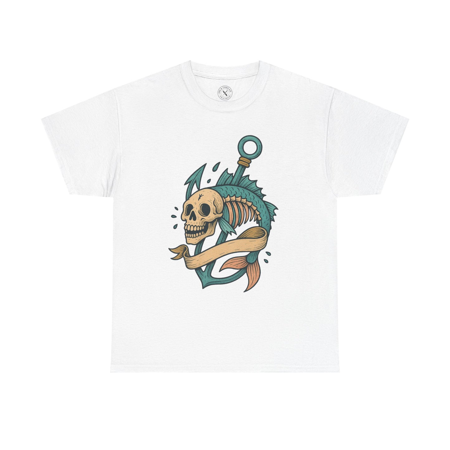 White t-shirt with a skull and anchor design on a white background