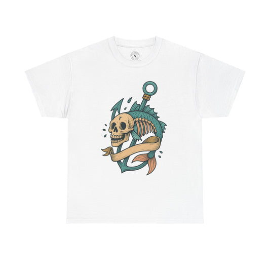 White t-shirt with a skull and anchor design on a white background