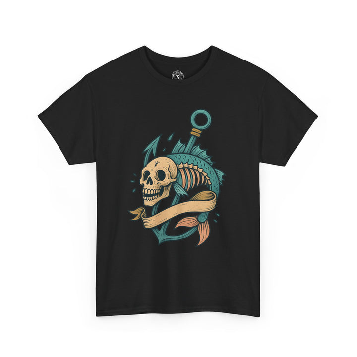 Black t-shirt with a colorful skull and fish design on a white background