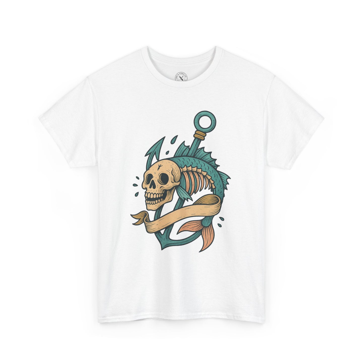 White t-shirt with a colorful anchor and skull design on a white background