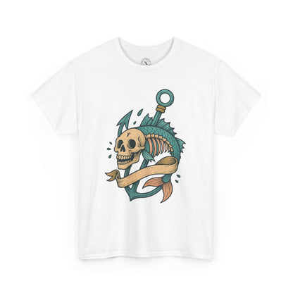 White t-shirt with a colorful anchor and skull design on a white background