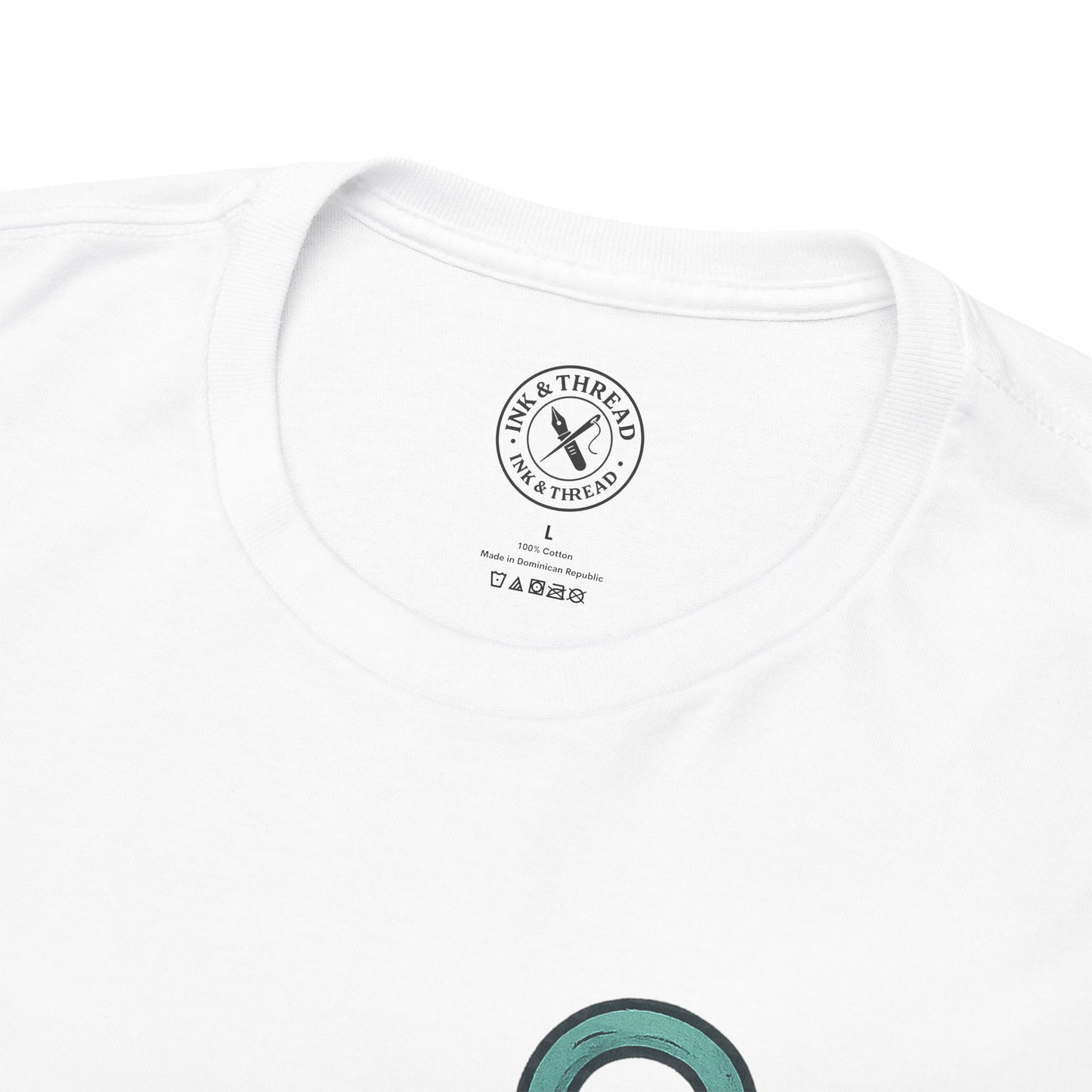 White t-shirt with a brand logo on a white background