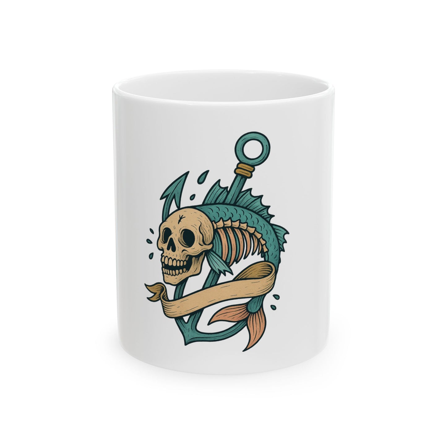 White mug with a fish skeleton and anchor design on a white background