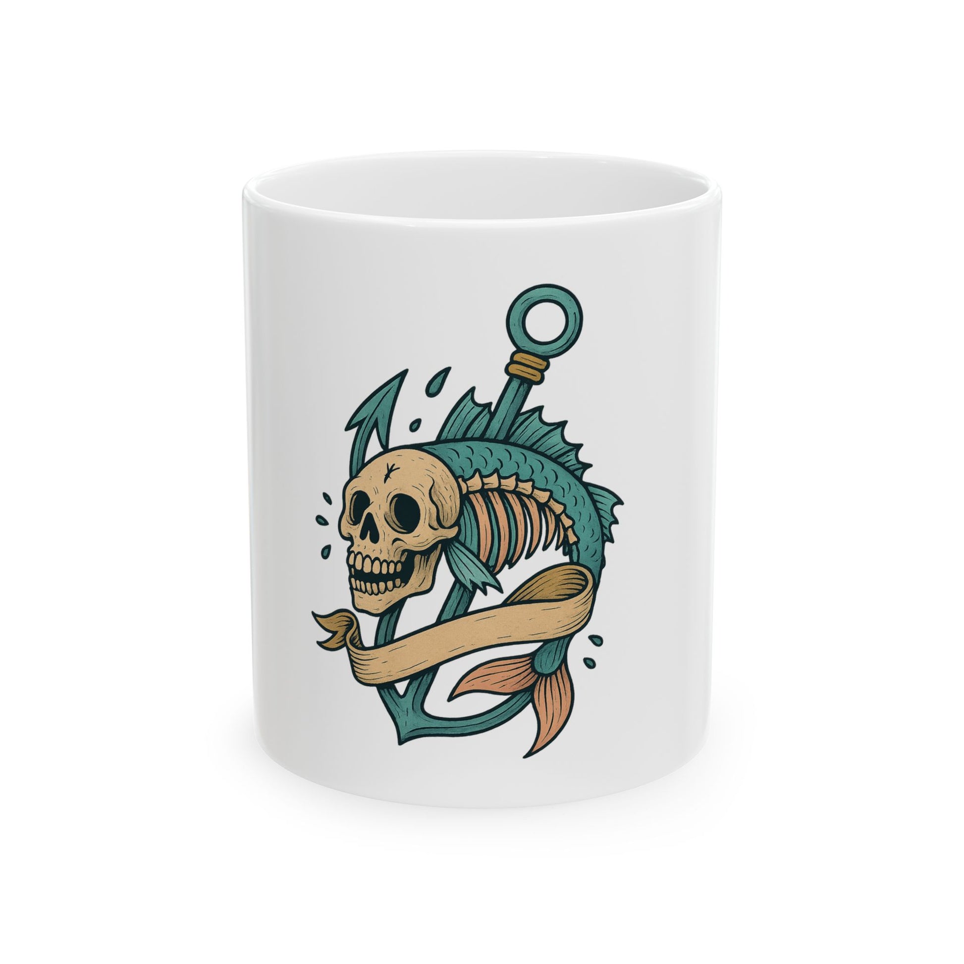 White mug with a fish skeleton and anchor design on a white background