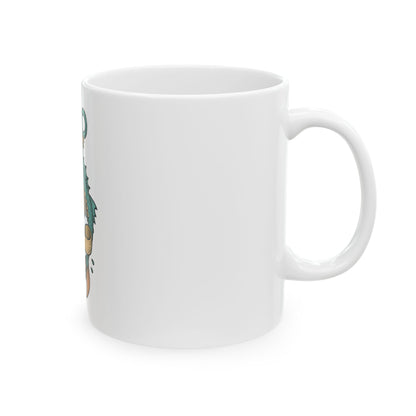 White mug with a graphic design on a white background