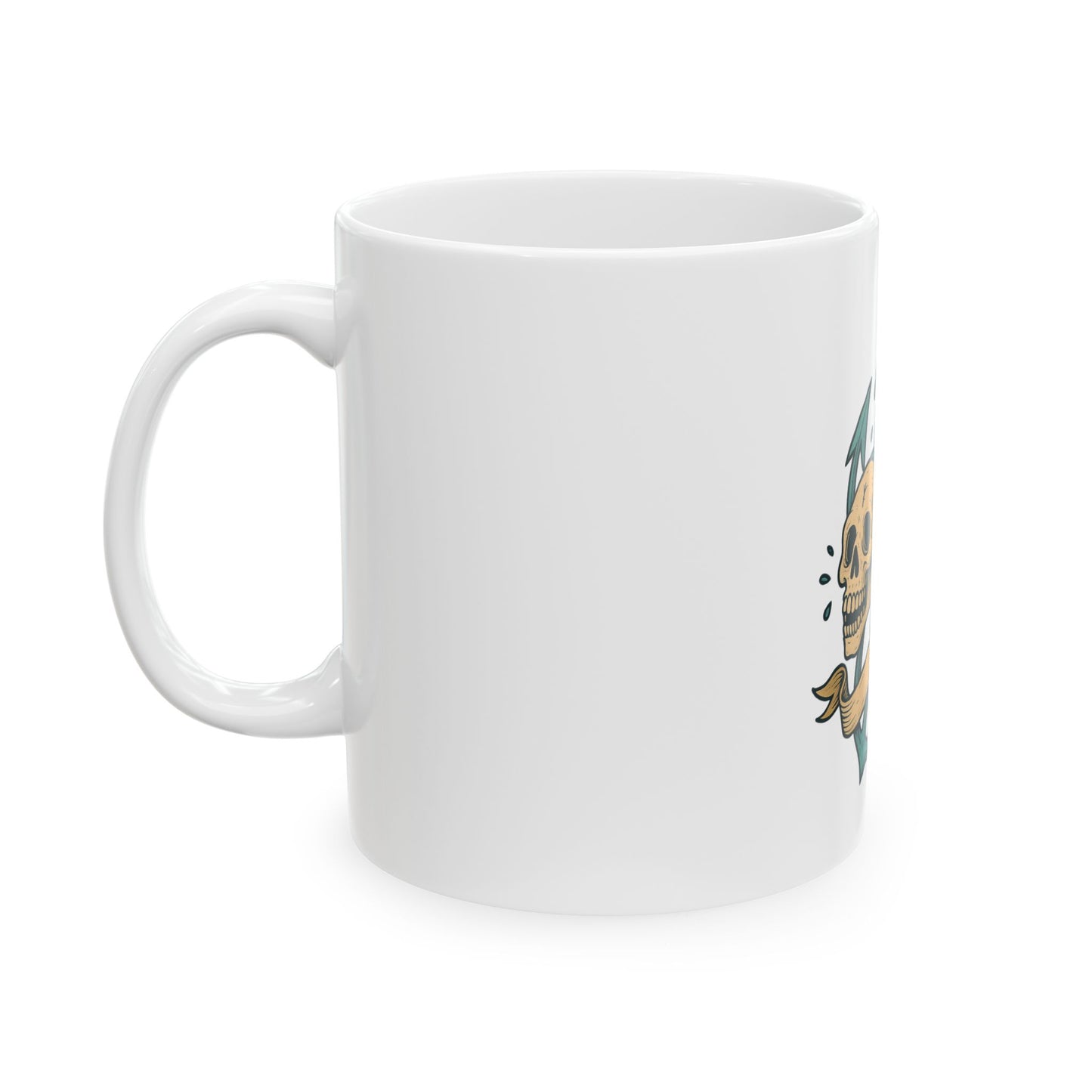 White mug with a colorful design on a white background