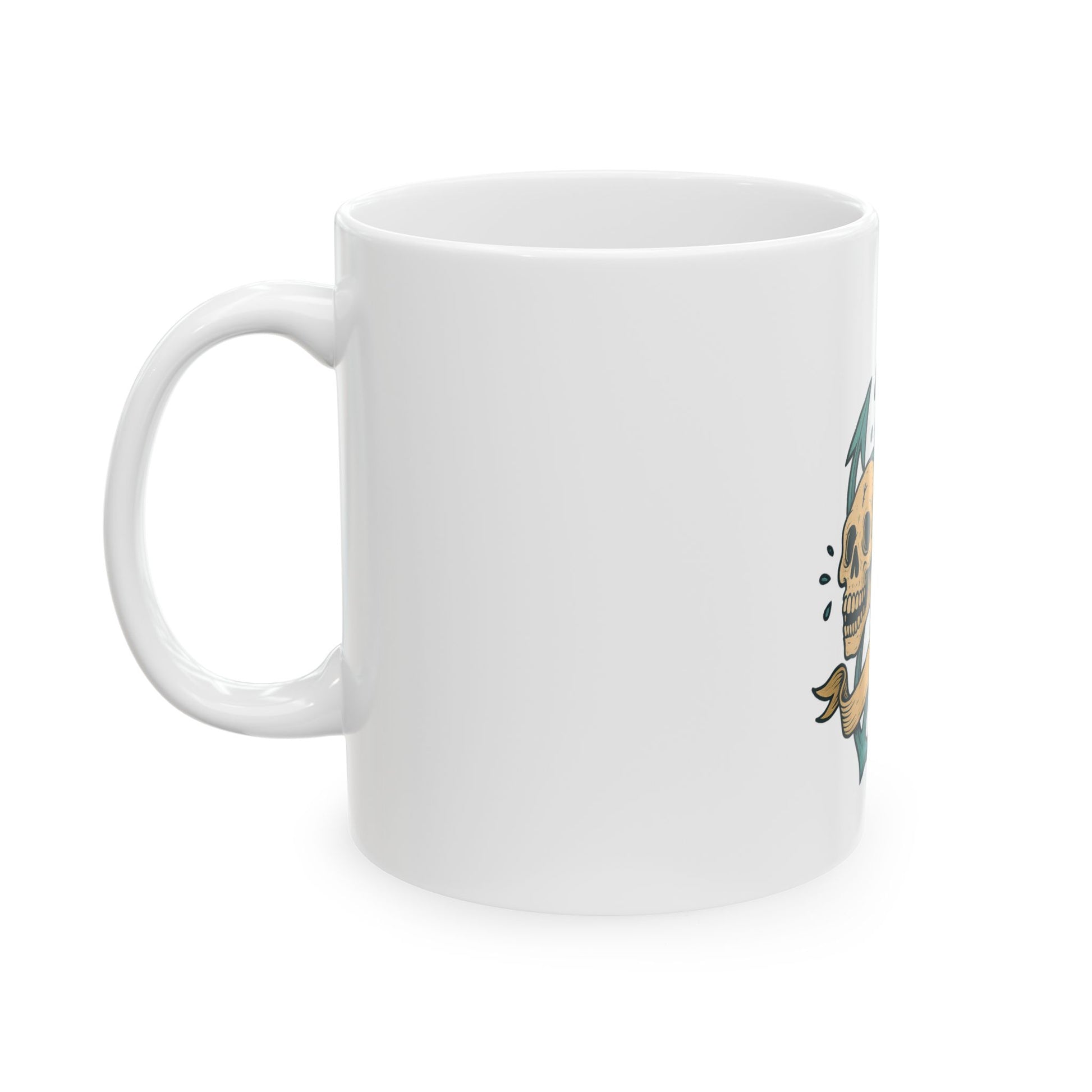 White mug with a colorful design on a white background