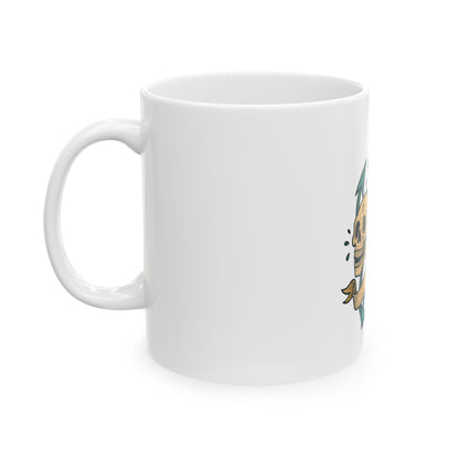 White mug with a colorful design on a white background