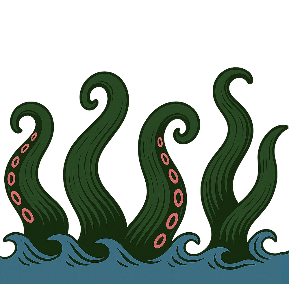 Green tentacles with pink rings emerging from water on a black background
