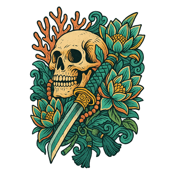 Ink of the Forgotten T-Shirt featuring a vintage skull, ceremonial ink brushes and floral Japanese-inspired artwork