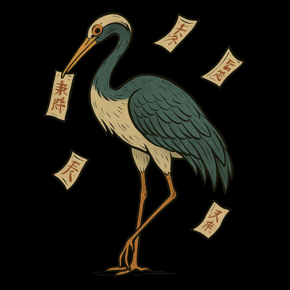 Illustration of a heron with Japanese text on a black background
