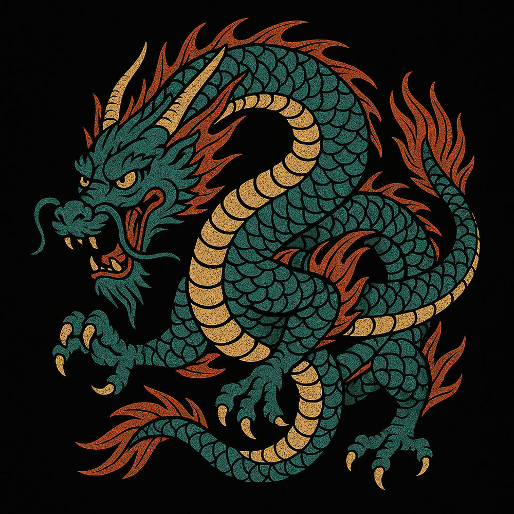 Colorful dragon illustration on a black background