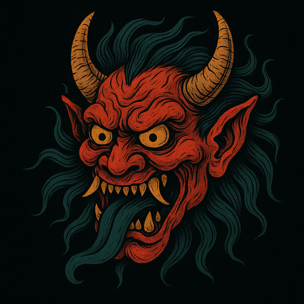 Illustration of a red demon face with horns and a beard on a black background
