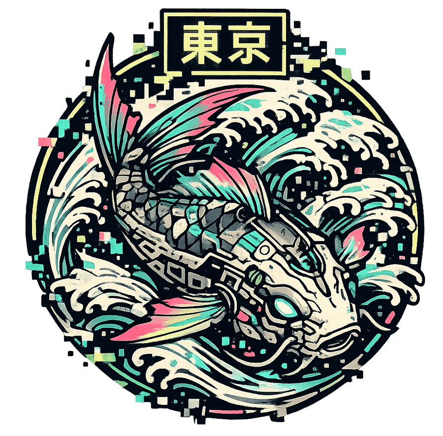 Neo-Tokyo Koi T-Shirt featuring a cyberpunk koi fish with Japanese-inspired waves and futuristic digital details