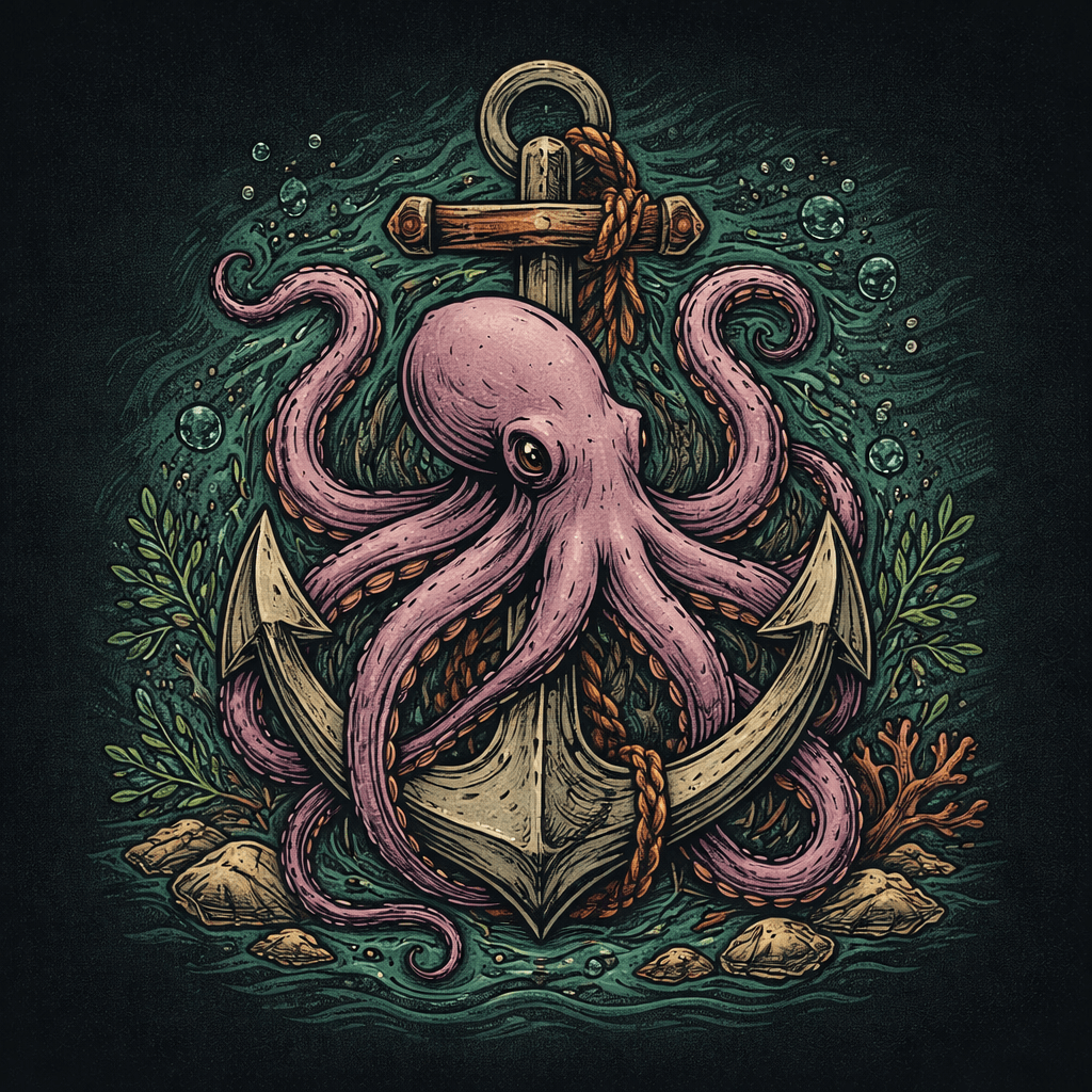 Illustration of an octopus entwined with an anchor on a dark background