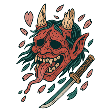 Oni's Last Laugh T-Shirt featuring a red Japanese demon mask with katana sword and sakura petals in tattoo style artwork