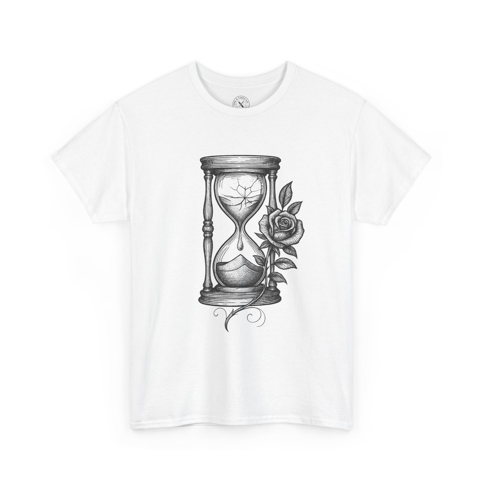 White t-shirt with a black hourglass and rose design on a white background