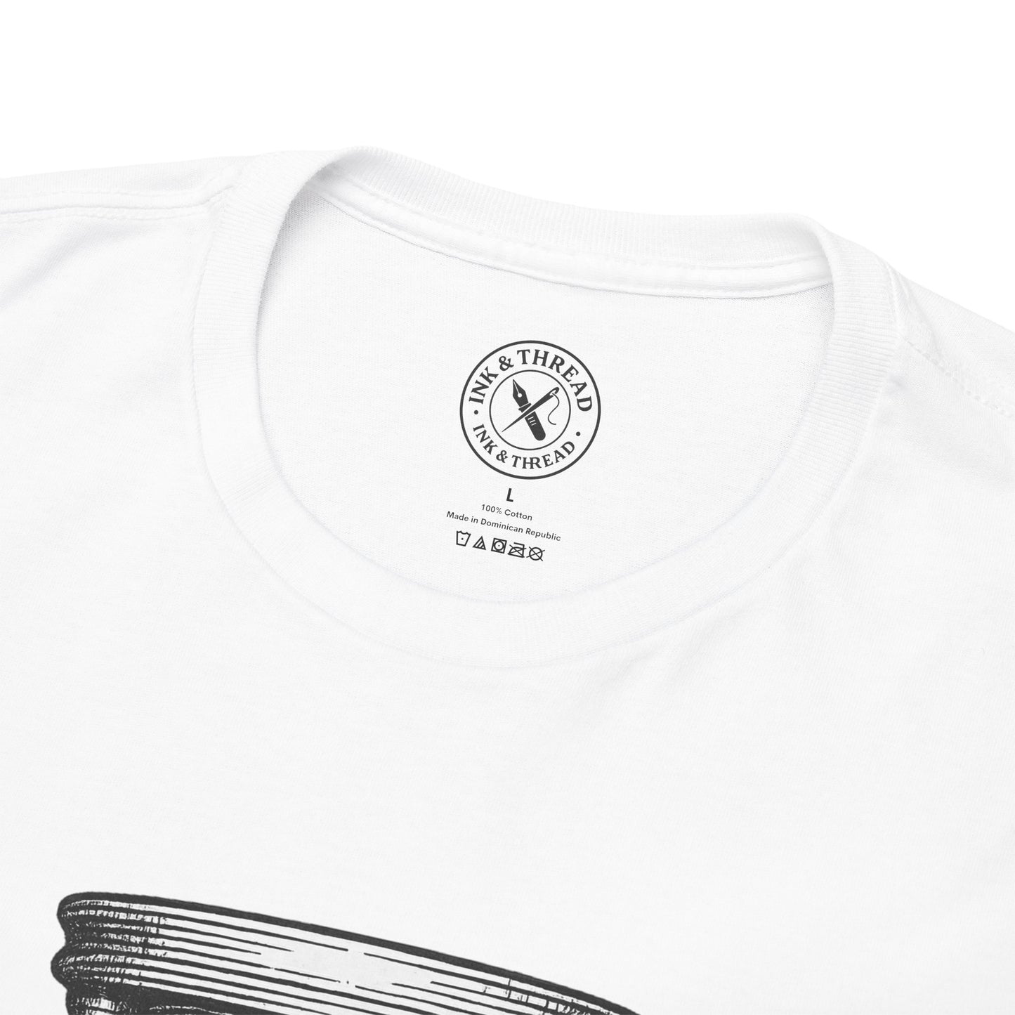 White t-shirt with 'Ink & Thread' logo on a white background