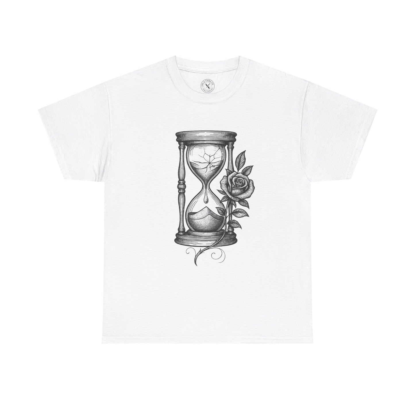 White t-shirt with a design of an hourglass and rose on a white background