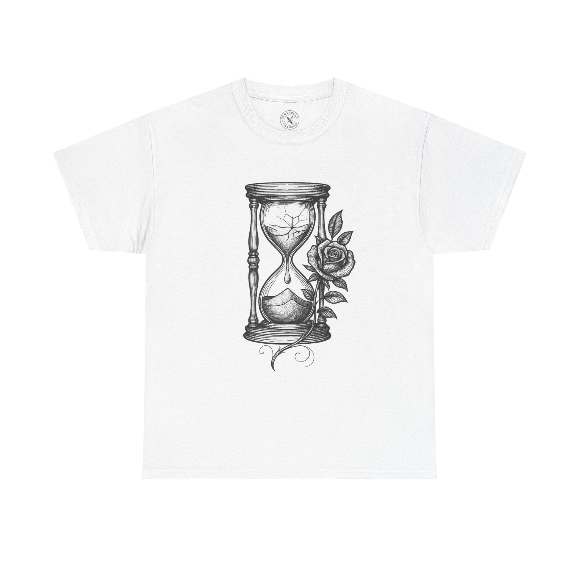 White t-shirt with a design of an hourglass and rose on a white background
