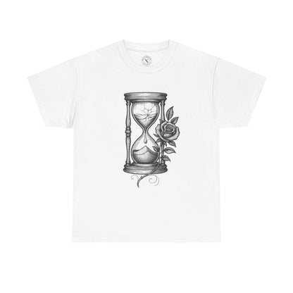 White t-shirt with a design of an hourglass and rose on a white background