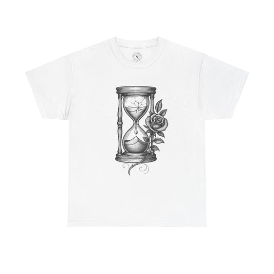 White t-shirt with a design of an hourglass and rose on a white background