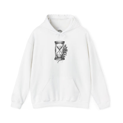White hoodie with hourglass and rose design on a white background