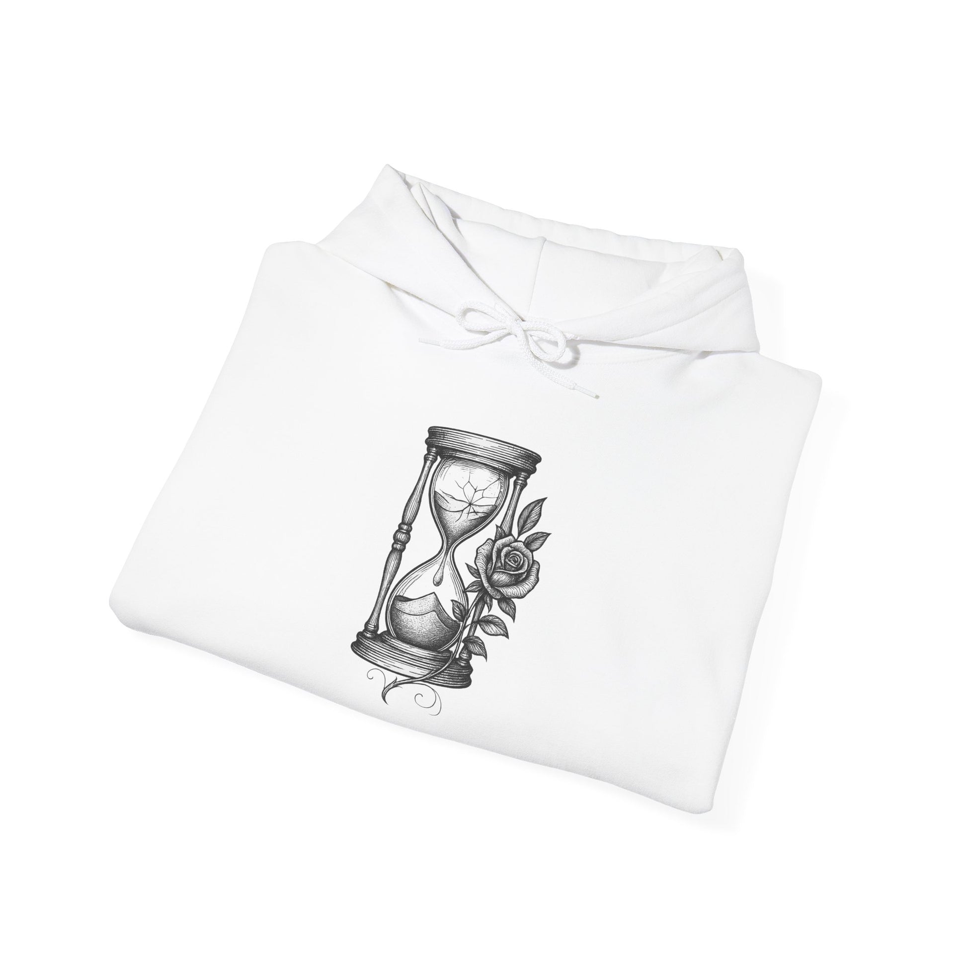 White shirt with hourglass and rose design on a white background