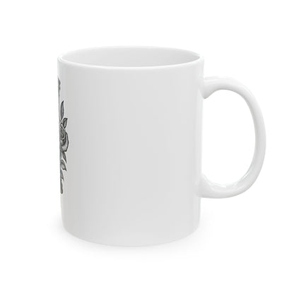 White mug with black text on a white background