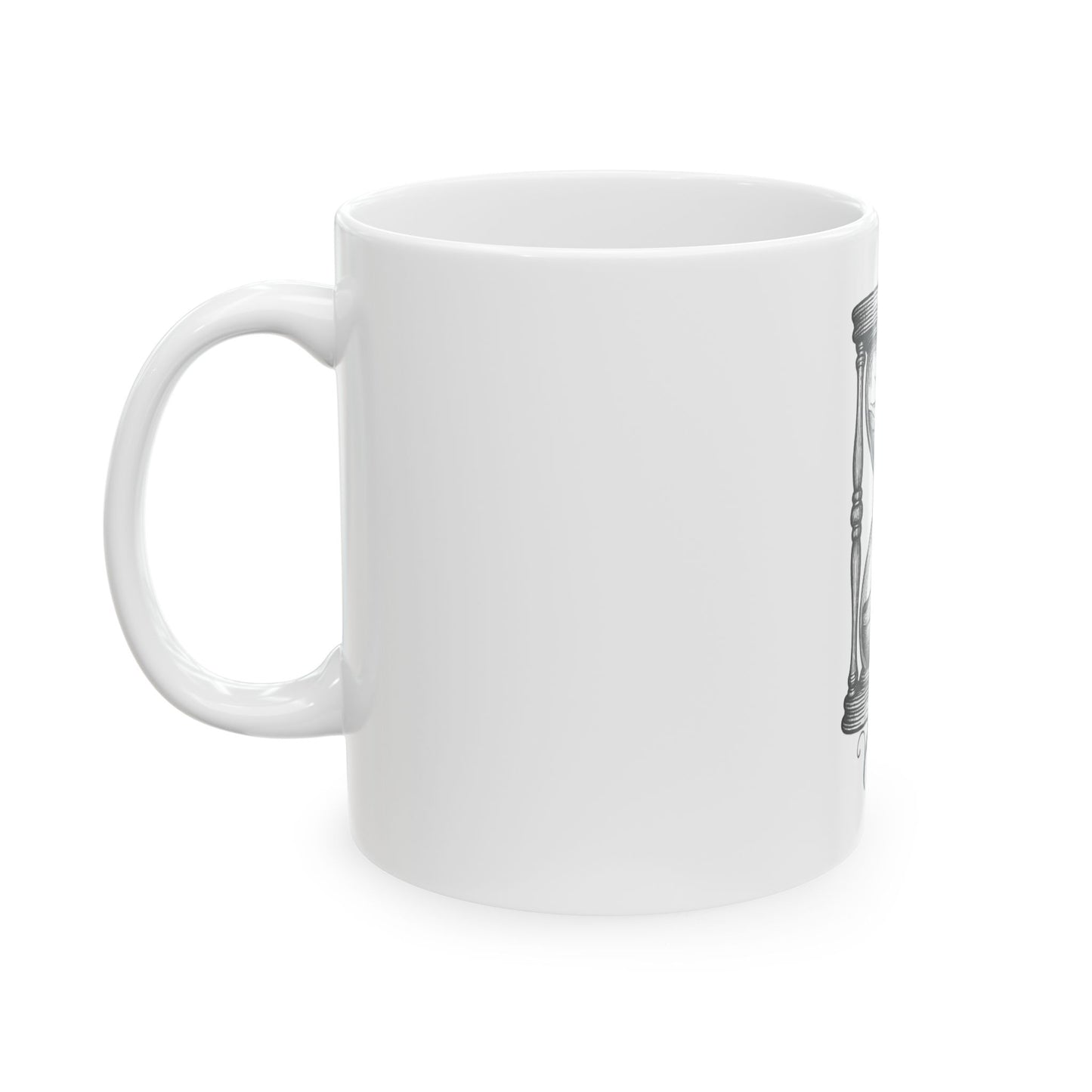 White mug with a black and white design on a white background