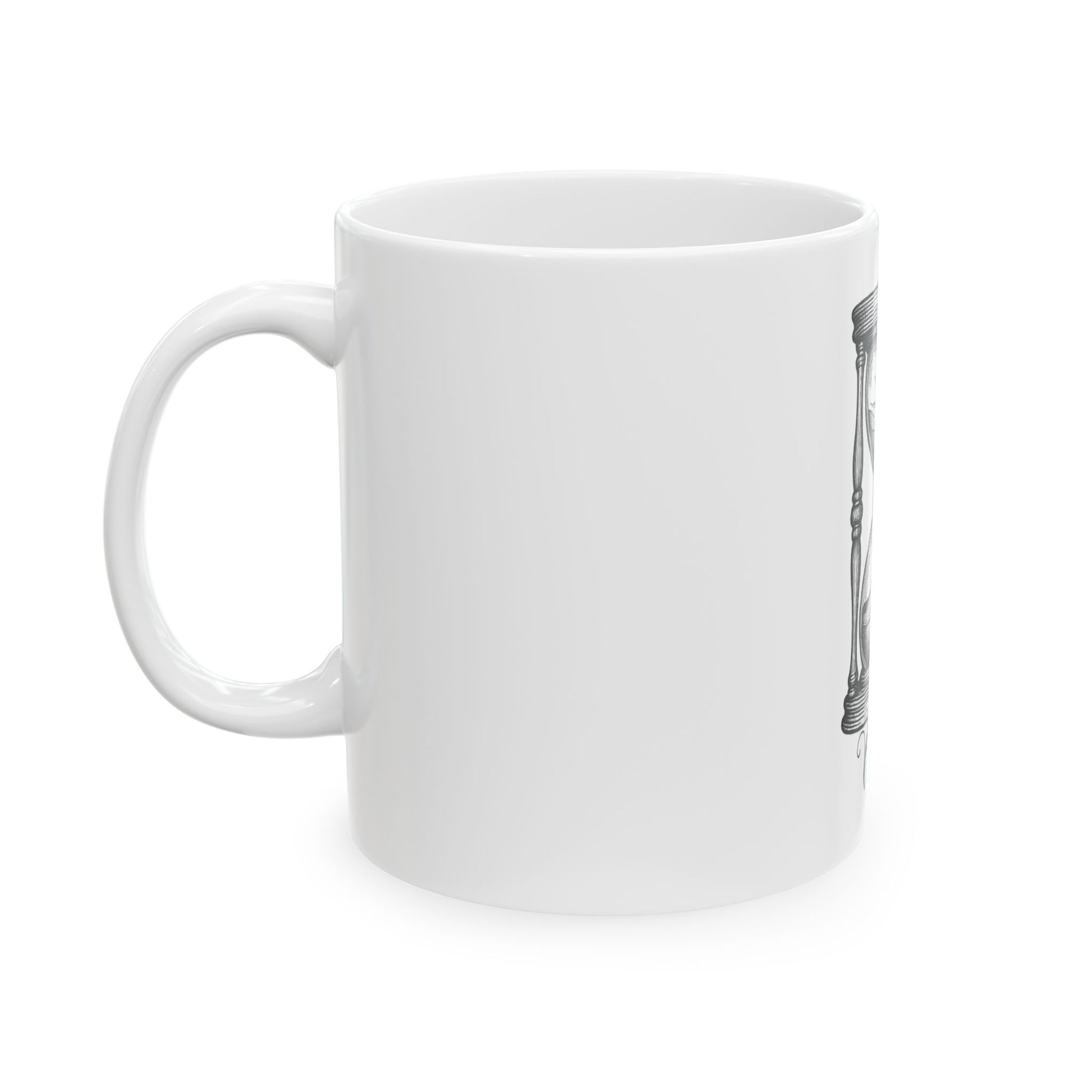 White mug with a black and white design on a white background