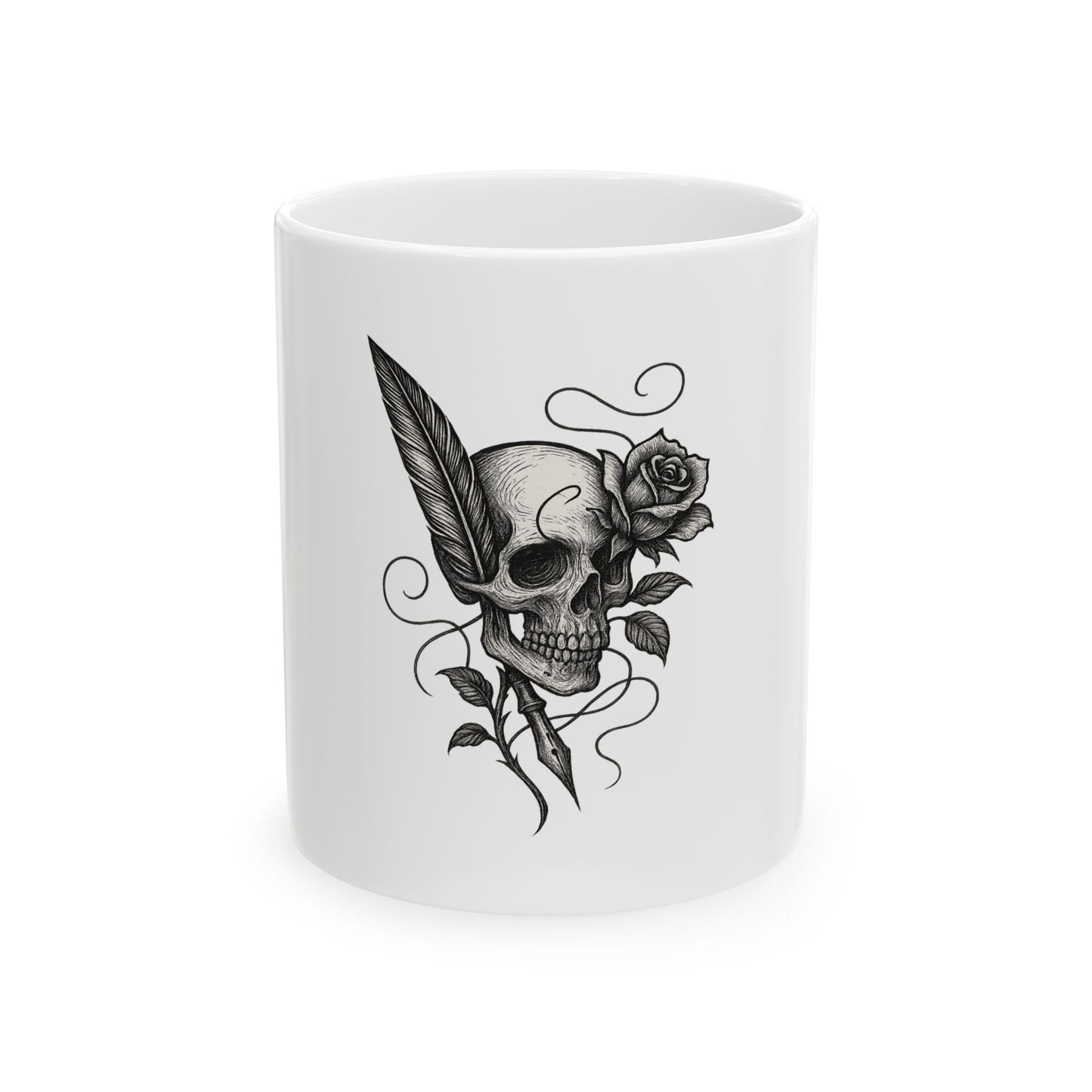 White mug with black skull and rose design on a white background
