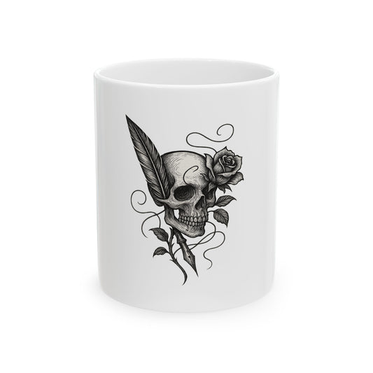 White mug with black skull and rose design on a white background