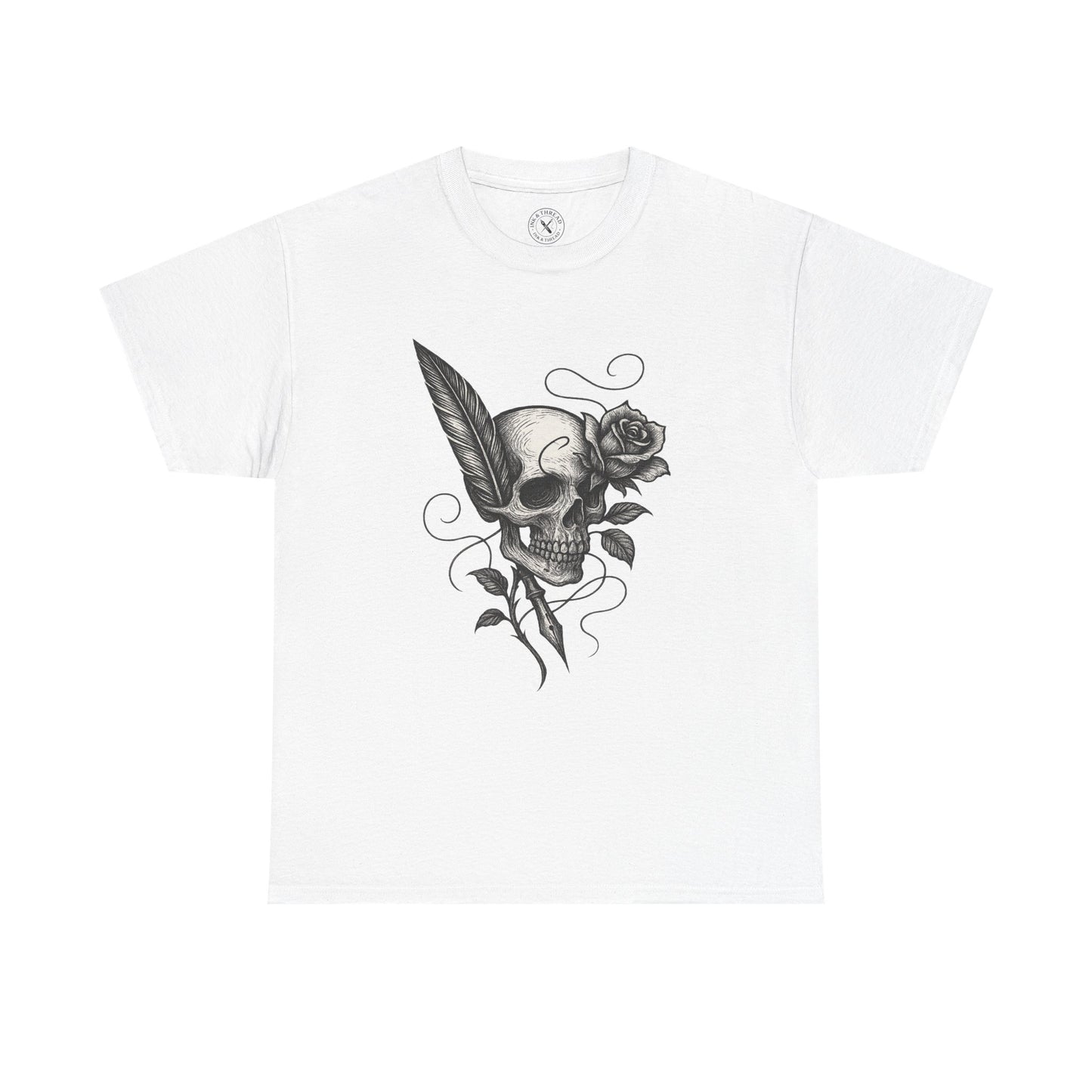 White t-shirt with a black skull and rose design on a white background