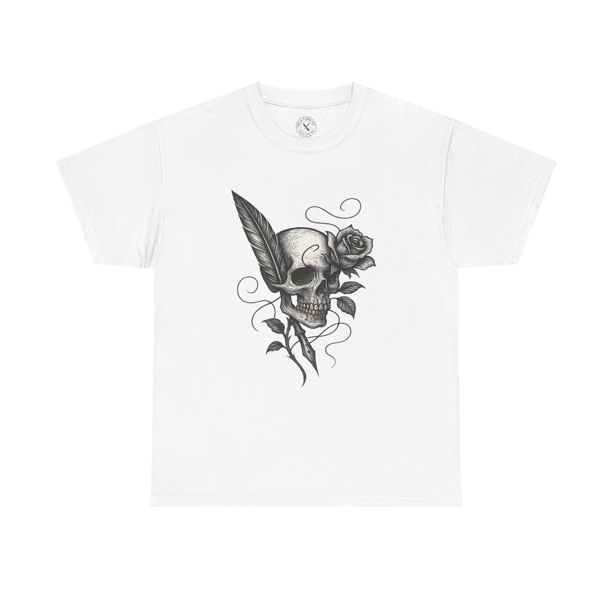 White t-shirt with a black skull and rose design on a white background
