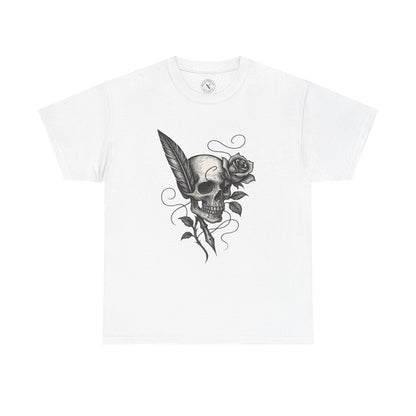 White t-shirt with a black skull and rose design on a white background