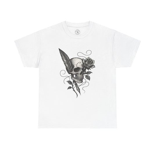 White t-shirt with a black skull and rose design on a white background