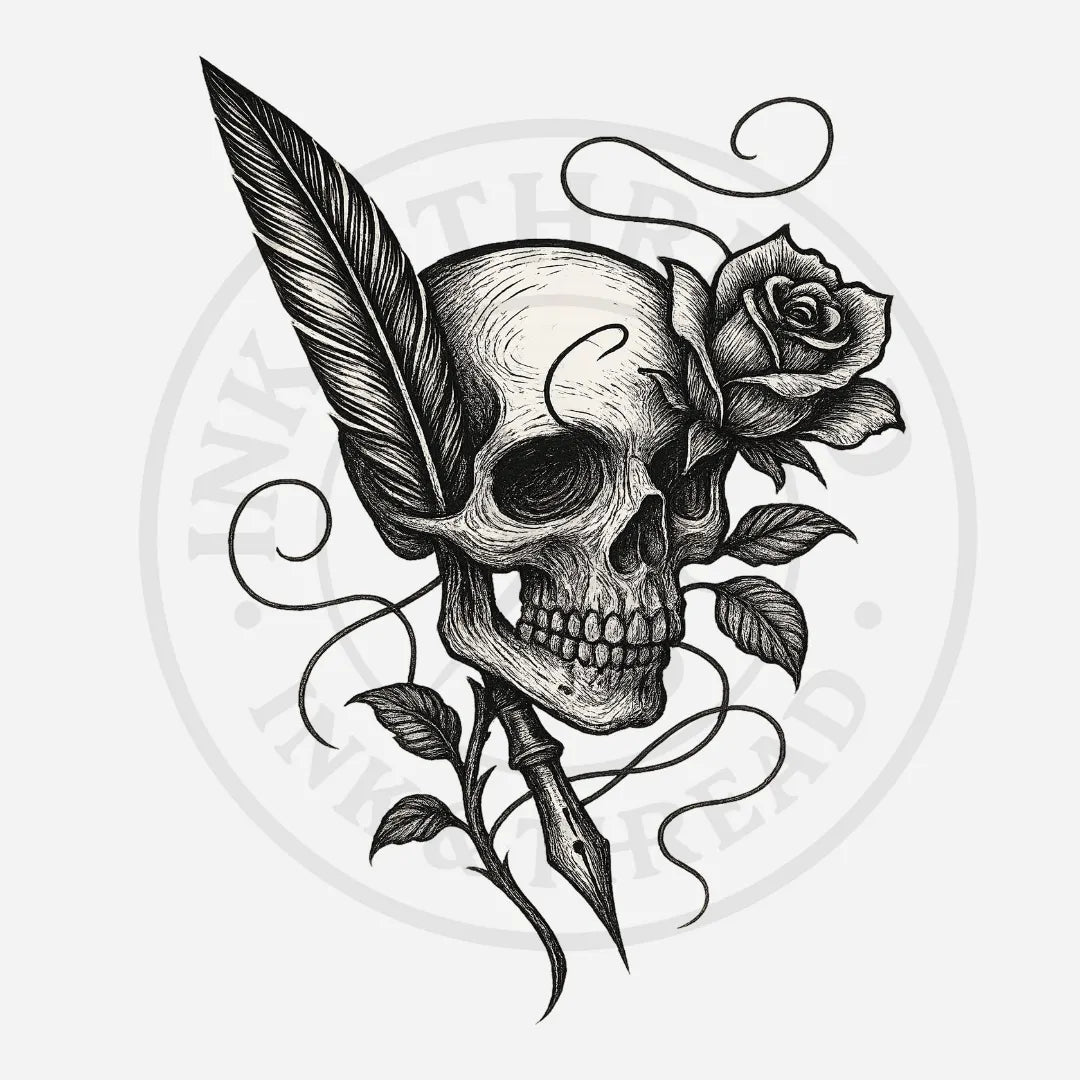 Black and white illustration of a skull with a feather and rose on a white background