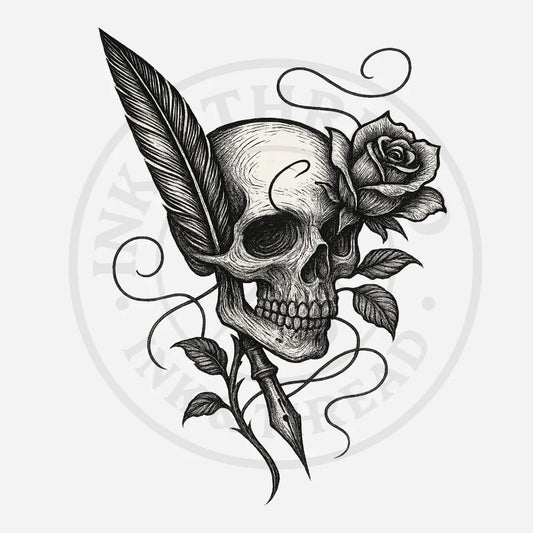 Black and white illustration of a skull with a feather and rose on a white background