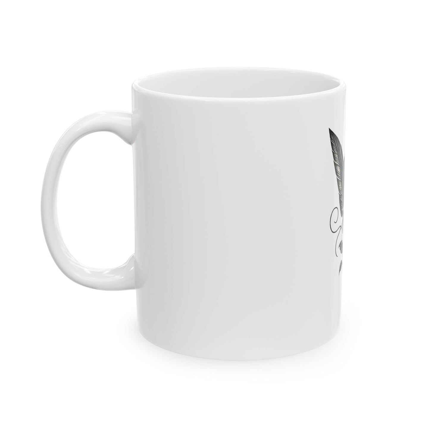 White mug with a black and white design on a white background