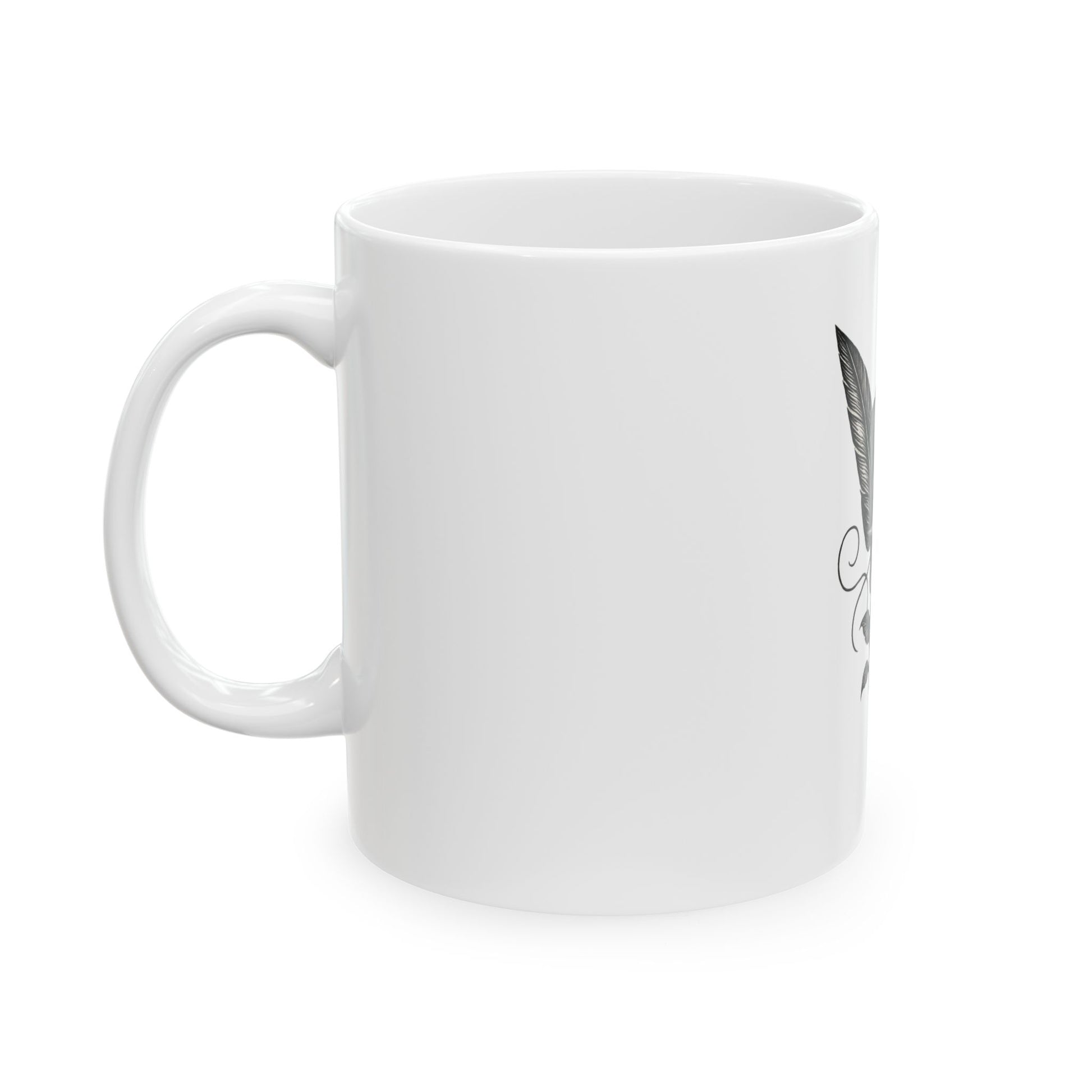White mug with a black and white design on a white background