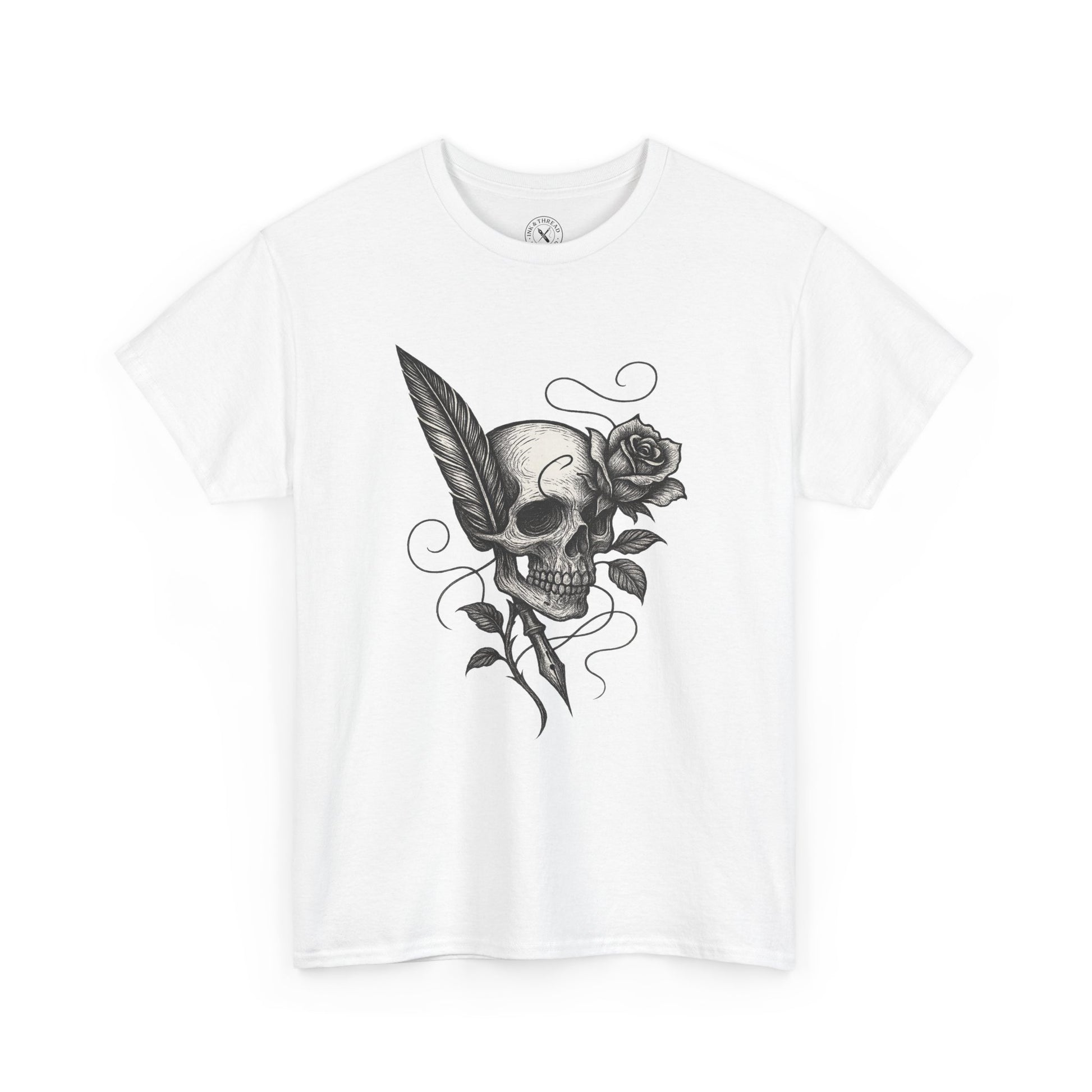 White t-shirt with a black skull and rose design on a white background