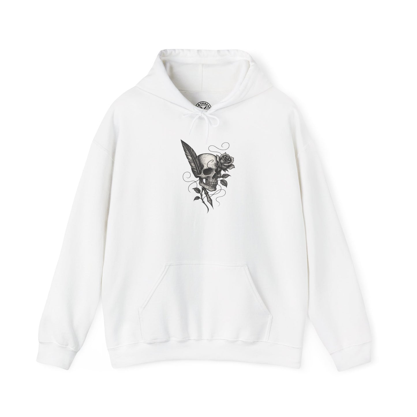 White hoodie with a black skull and rose design on a white background