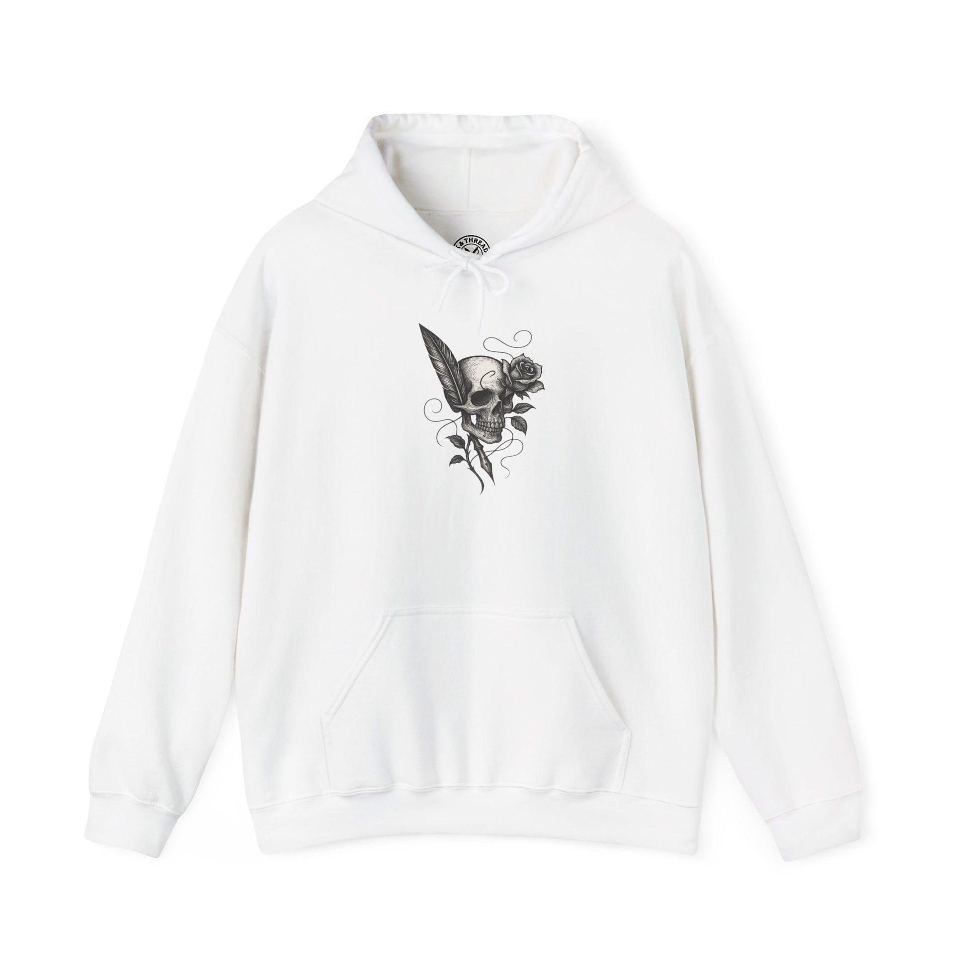 White hoodie with a black skull and rose design on a white background