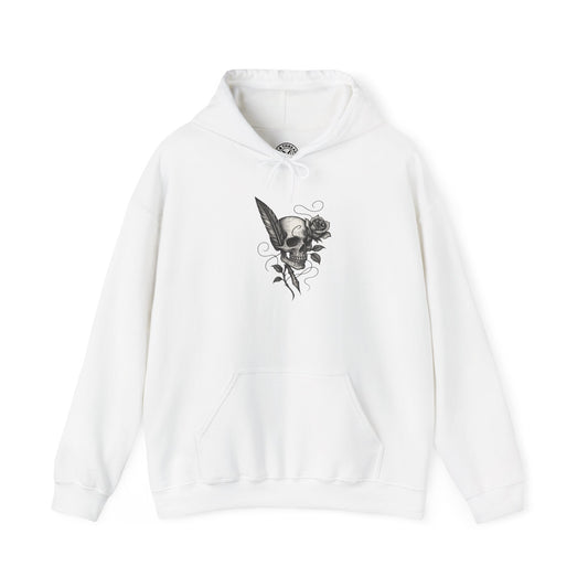 White hoodie with a black skull and rose design on a white background