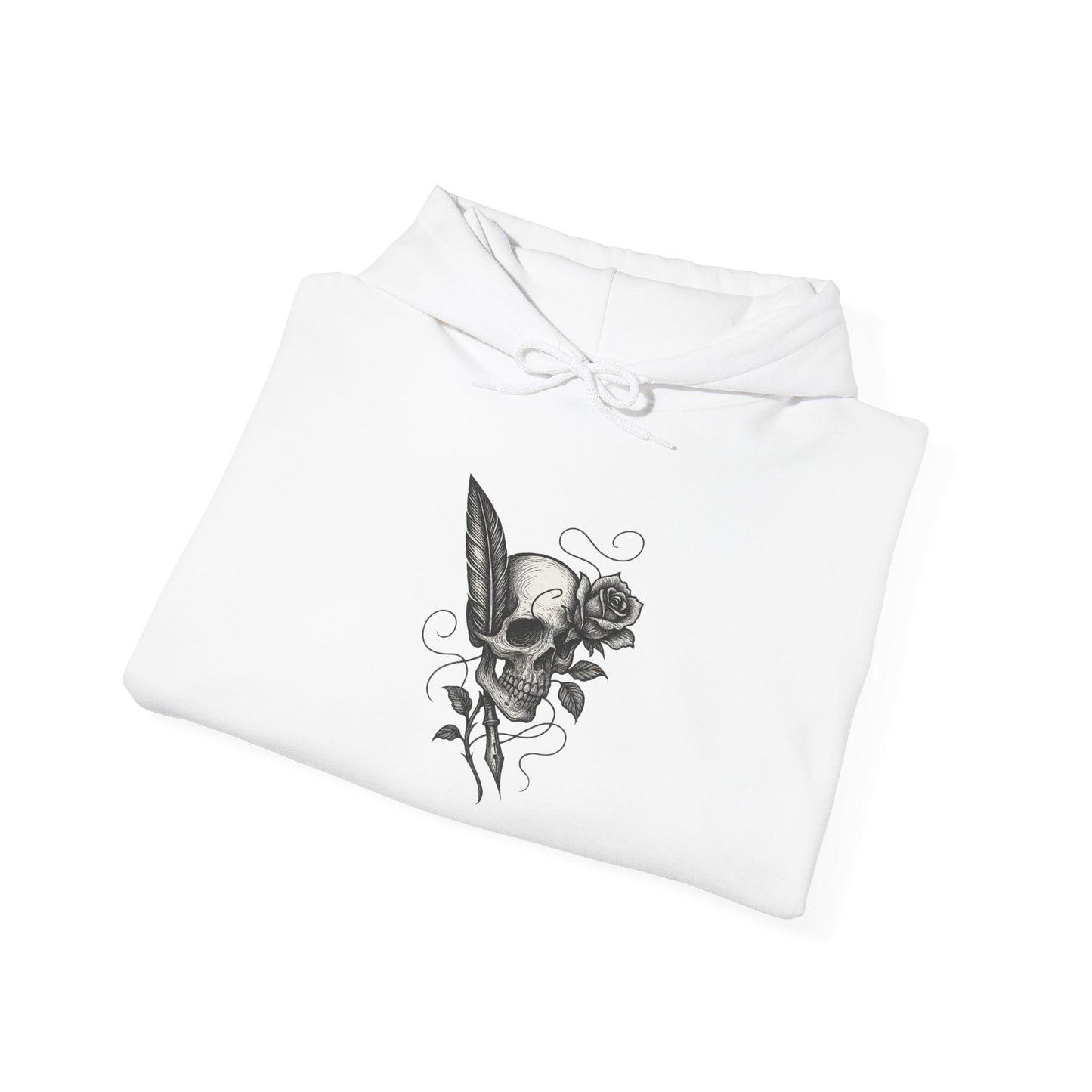 White shirt with a black skull and rose design on a white background