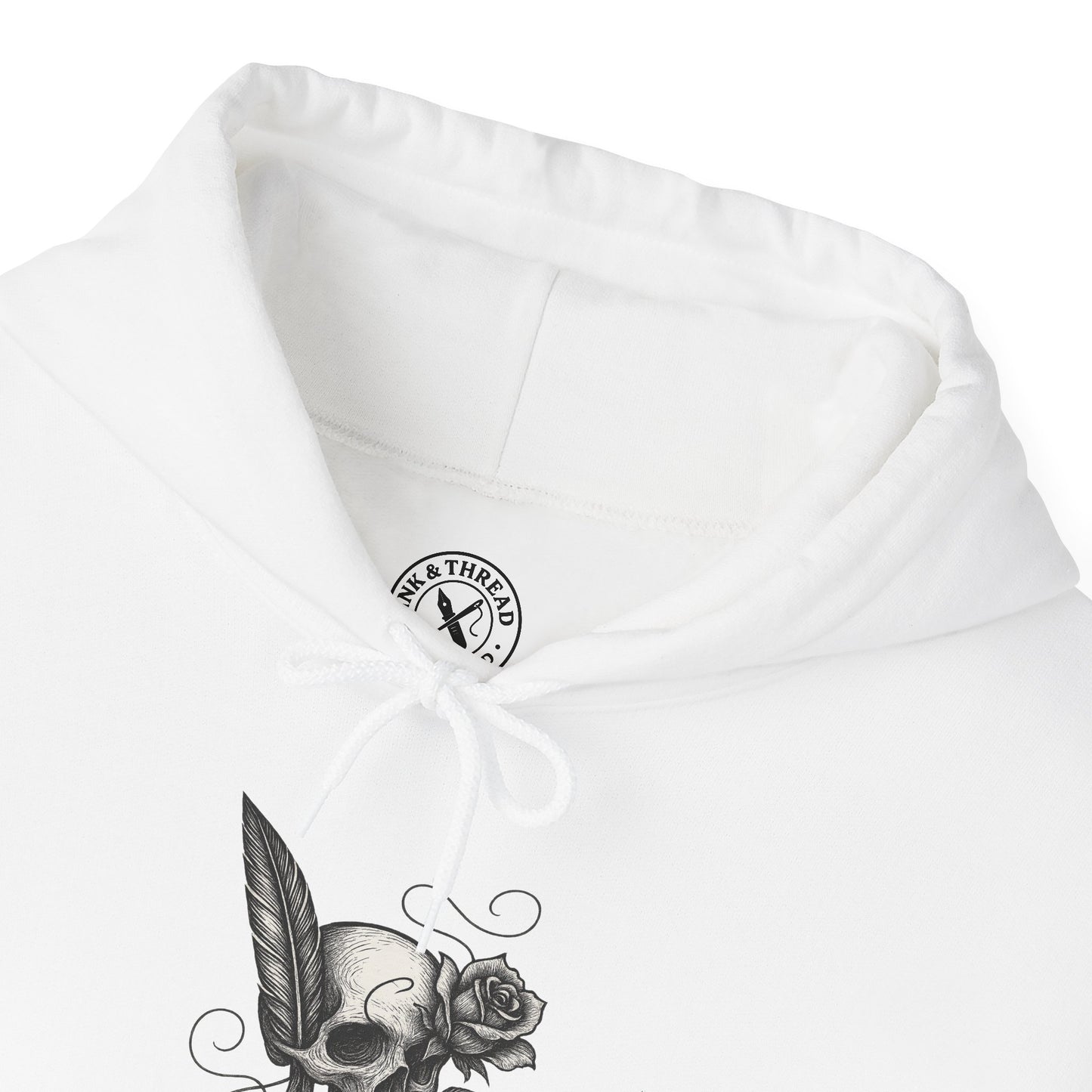 White hoodie with a skull and rose design on the chest and 'NY & Thread' logo on the chest pocket.