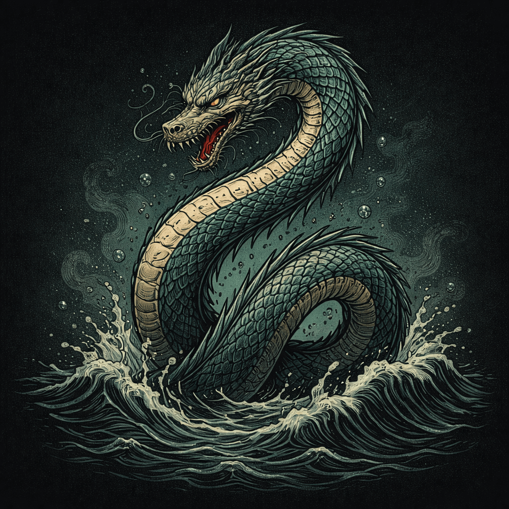 Dragon emerging from water with a dark background