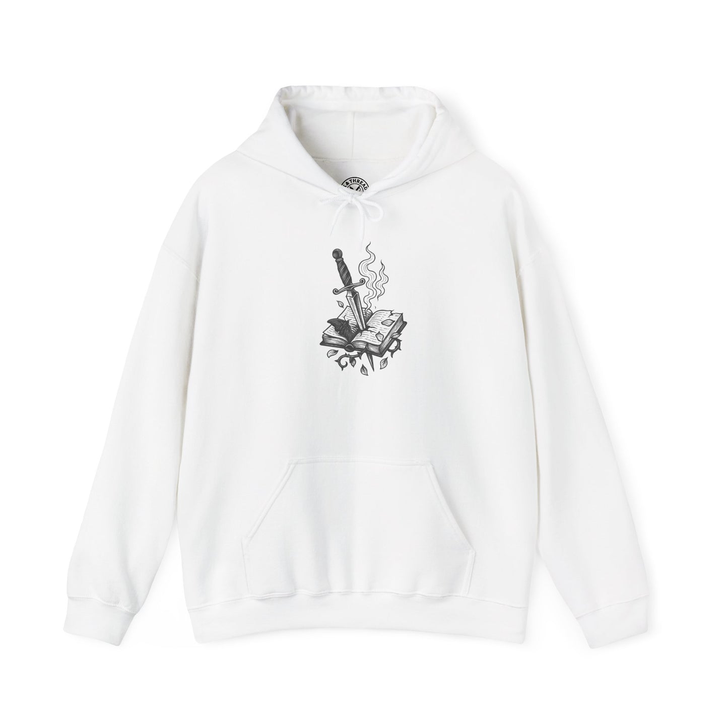 White hoodie with a black graphic design on a white background